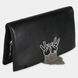 Pre Owned Chanel Black Lambskin Crystal Peace Sign Emoji Fold Over Clutch