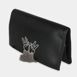 Pre Owned Chanel Black Lambskin Crystal Peace Sign Emoji Fold Over Clutch