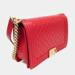 Pre Owned Chanel Boy Red Leather Chain Shoulder Bag
