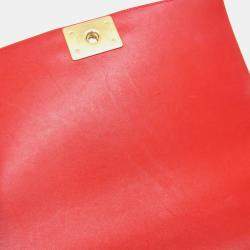 Pre Owned Chanel Boy Red Leather Chain Shoulder Bag