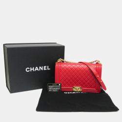 Pre Owned Chanel Boy Red Leather Chain Shoulder Bag