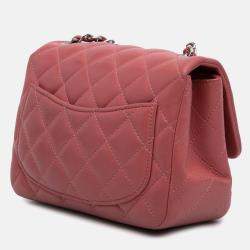 Pre Owned Chanel Pink Lambskin Mini Square Classic Single Flap