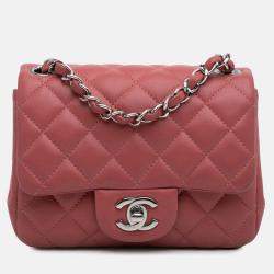 Pre Owned Chanel Pink Lambskin Mini Square Classic Single Flap