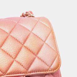 Pre Owned Chanel Orange Pink Mini Square Iridescent Calfskin Flap