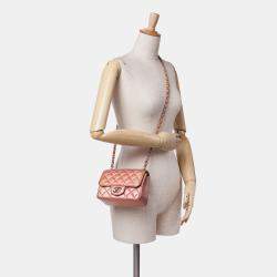 Pre Owned Chanel Orange Pink Mini Square Iridescent Calfskin Flap