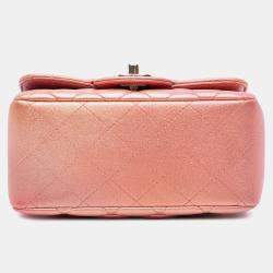 Pre Owned Chanel Orange Pink Mini Square Iridescent Calfskin Flap