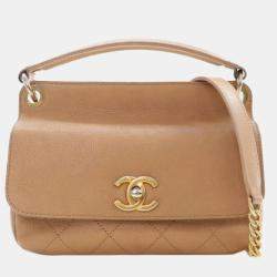 Chanel Brown Caviar Stitched CC Lock Top Handle Flap Small Bag