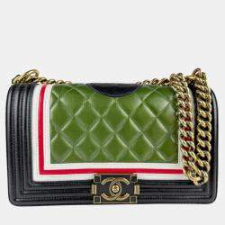 Pre Owned Chanel Green Black Leather Boy Chain Shoulder Bag