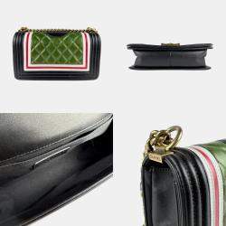 Pre Owned Chanel Green Black Leather Boy Chain Shoulder Bag