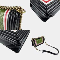 Pre Owned Chanel Green Black Leather Boy Chain Shoulder Bag