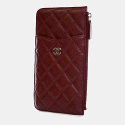 Chanel Red Caviar CC Quilted  Flat Phone Case Wallet Pouch