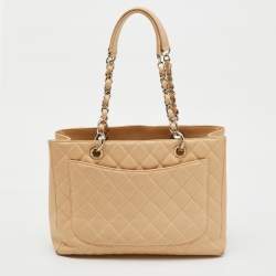Pre Owned Chanel Beige Quilted Caviar Leather GST Shopper Tote