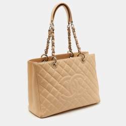 Pre Owned Chanel Beige Quilted Caviar Leather GST Shopper Tote