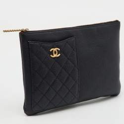Pre Owned Chanel Black Quilted Caviar Leather Phone Pocket O Case Clutch