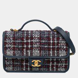 Chanel Navy Blue Small Tweed School Memory Top Handle Flap