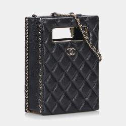 Pre Owned Chanel Black Mini Caviar Chain Around Cut Out Evening Bag