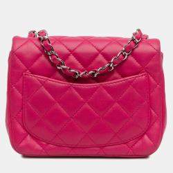 Pre Owned Chanel Pink Mini Square Classic Lambskin Single Flap