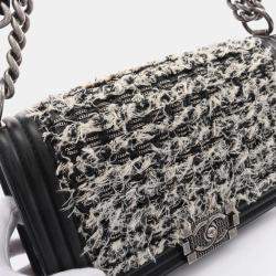 Pre Owned Chanel Black/White Leather Fabric Boy Chanel Chain Shoulder Bag 