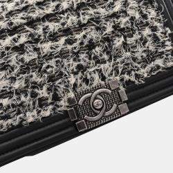 Pre Owned Chanel Black/White Leather Fabric Boy Chanel Chain Shoulder Bag 
