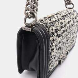 Pre Owned Chanel Black/White Leather Fabric Boy Chanel Chain Shoulder Bag 