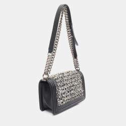 Pre Owned Chanel Black/White Leather Fabric Boy Chanel Chain Shoulder Bag 
