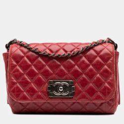 Pre Owned Chanel Red Calfskin  Quilted Glazed Soft Boy Flap Bag