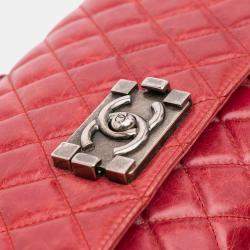 Pre Owned Chanel Red Calfskin  Quilted Glazed Soft Boy Flap Bag