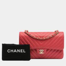 Pre Owned Chanel Red Lambskin Classic Chevron Medium Double Flap