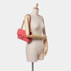 Pre Owned Chanel Red Lambskin Classic Chevron Medium Double Flap