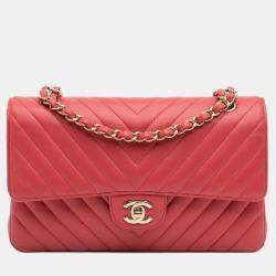 Pre Owned Chanel Red Lambskin Classic Chevron Medium Double Flap