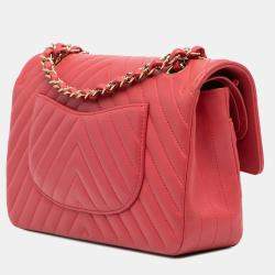 Pre Owned Chanel Red Lambskin Classic Chevron Medium Double Flap