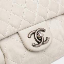 Pre Owned Chanel White Iridescent Calfskin Chic Quilt Large Flap Bag
