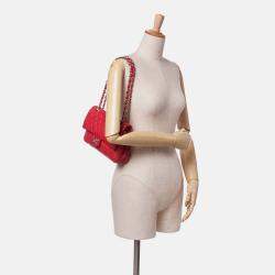 Pre Owned Chanel Red Classic Caviar Double Medium Flap Bag