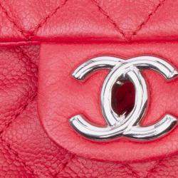 Pre Owned Chanel Red Classic Caviar Double Medium Flap Bag