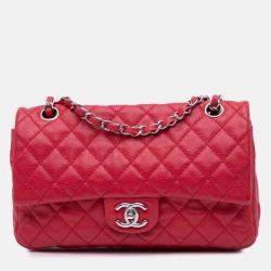 Pre Owned Chanel Red Classic Caviar Double Medium Flap Bag