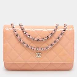 Chanel Pink Quilted Patent Leather CC Wallet On Chain