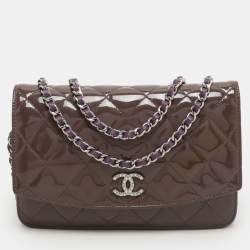 Chanel Purple Quilted Patent Leather CC Wallet On Chain
