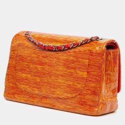 Chanel Orange Classic Patent Stiped Double Jumbo Flap Bag