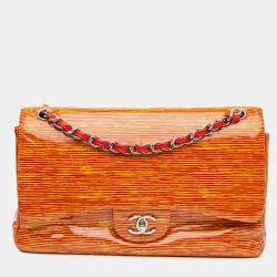 Chanel Orange Classic Patent Stiped Double Jumbo Flap Bag