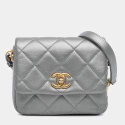 Chanel Silver Mini Quilted Lambskin Side Note Flap