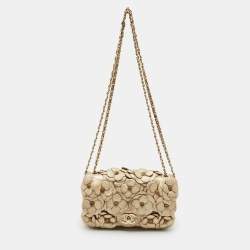 Pre Owned Chanel Gold Leather Mini Classic Camellia Flap Bag