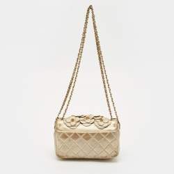 Pre Owned Chanel Gold Leather Mini Classic Camellia Flap Bag