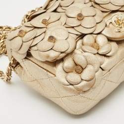 Pre Owned Chanel Gold Leather Mini Classic Camellia Flap Bag
