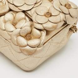 Pre Owned Chanel Gold Leather Mini Classic Camellia Flap Bag