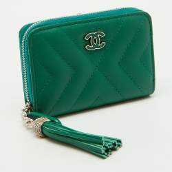 Chanel Green Quilted Leather Tassel Coin Zip Wallet