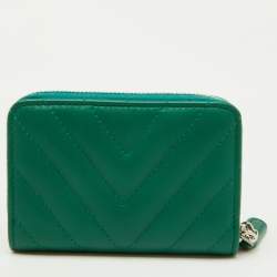 Chanel Green Quilted Leather Tassel Coin Zip Wallet