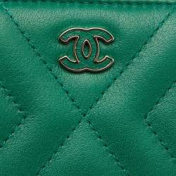 Chanel Green Quilted Leather Tassel Coin Zip Wallet