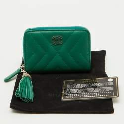 Chanel Green Quilted Leather Tassel Coin Zip Wallet