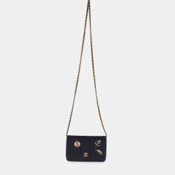 Chanel Navy Blue Quilted Felt Paris-Hamburg Charms Wallet On Chain