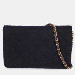 Chanel Navy Blue Quilted Felt Paris-Hamburg Charms Wallet On Chain